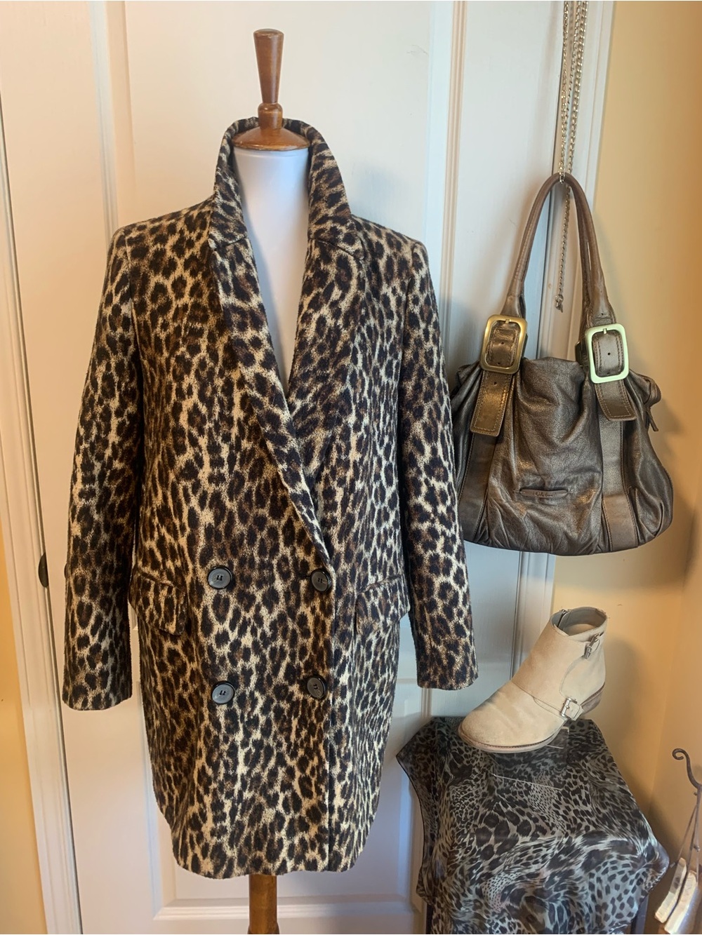 Zara Leopard animal Print Double-Breasted Peacoat / blazer jacket